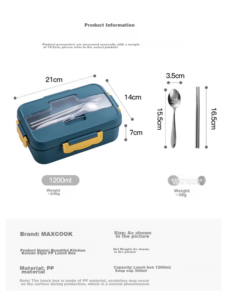 MAXCOOK Microwave Lunch Box, Wheat Straw Large Capacity Deep 3-Compartment Student Lunch Box 1200ml Blue MCFT550 13