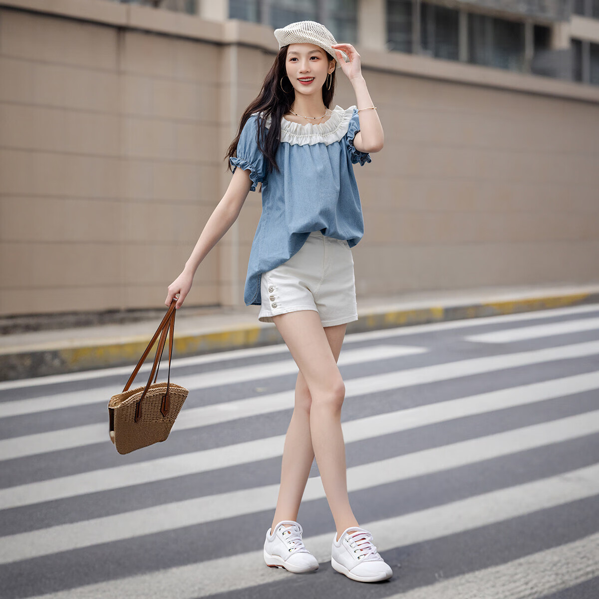 Dme [Gentle Healing] Summer Korean-Style Elastic One-Shoulder Round Neck Convertible Shirt, Slimming Denim Blouse Women's Top
