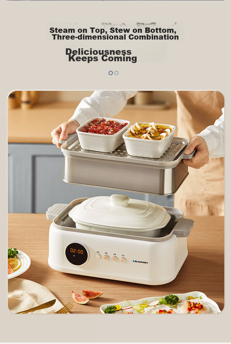 BLAUPUNKT Stainless Steel Electric Steamer, Multifunctional Steaming And Stewing Pot, 10L Double-Layer Steamer, All-In 24H Smart Reservation Cooking Pot, Steamed Bun Electric Stew Pot ZG03B 11