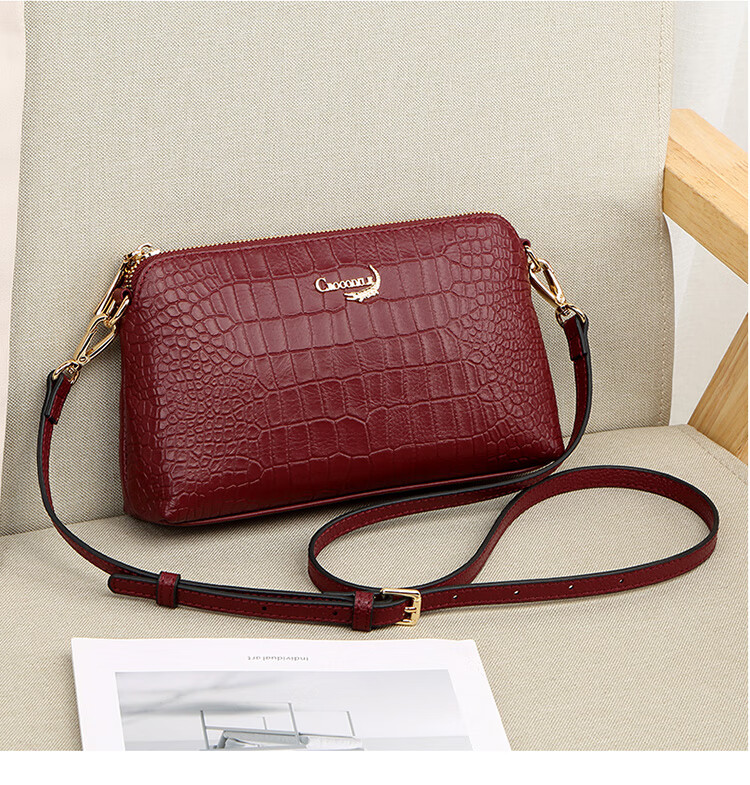 CROCODILE Goddess Day Women's Top-Grain Leather Crocodile Pattern Shoulder Bag, Casual Crossbody Underarm Handbag Gift T2075 Red 2
