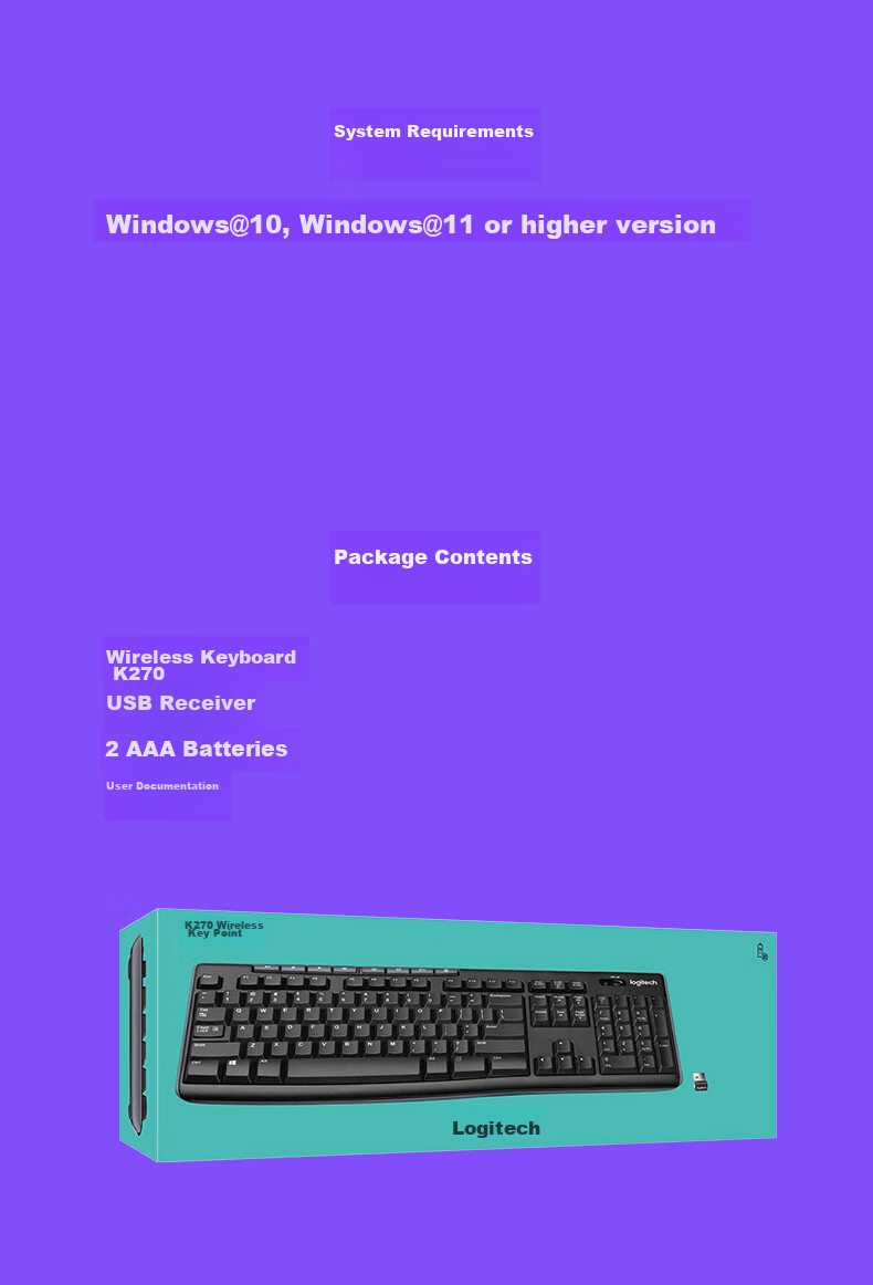 Logitech K270 [Enterprise Grade] Wireless Office Keyboard, Laptop Keyboard, Full-Size Membrane Keyboard with USB Receiver, Black [Order Bonus] 11