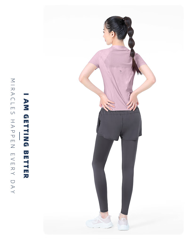 CAMEL Women's Sports Set, Summer New Style Running Yoga Fitness Short-Sleeve Shorts with Lining, Casual Elastic Sportswear 28
