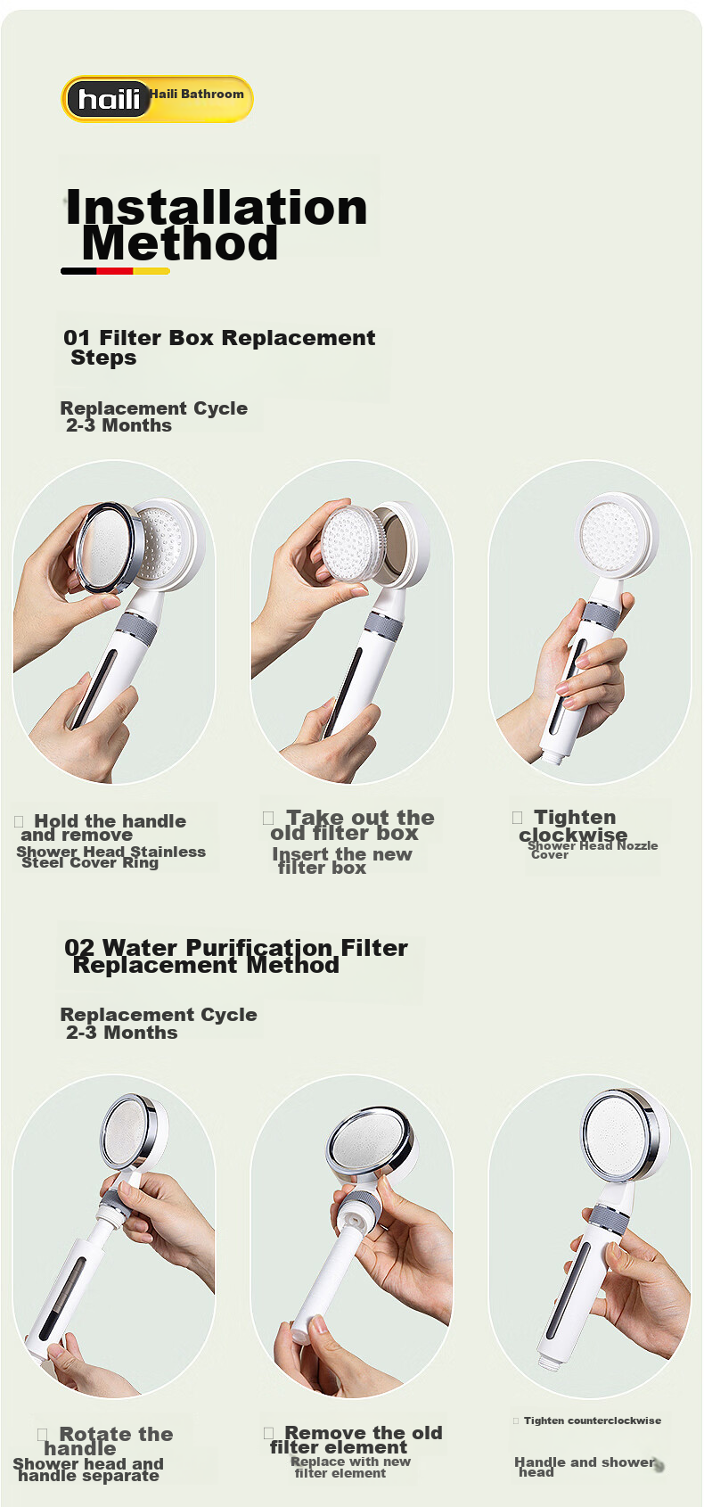 Haili Shower Head, High-Pressure Shower Head, Bathroom Pressurized Handheld Shower Head, Filtered Shower Head, Water Purification, Chlorine Removal, 988 35