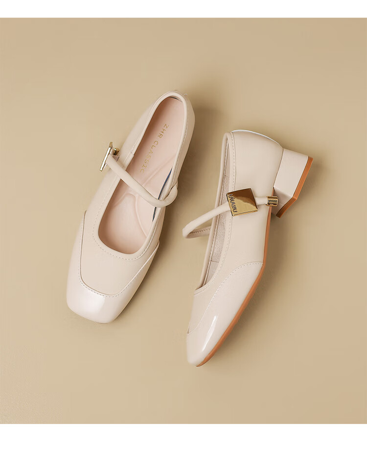 ZHR Mary Jane Shoes for Women, Elegant Shallow Mouth Chunky Heel Pumps, Square Toe Women's Shoes, K283, Beige, Size 36 17