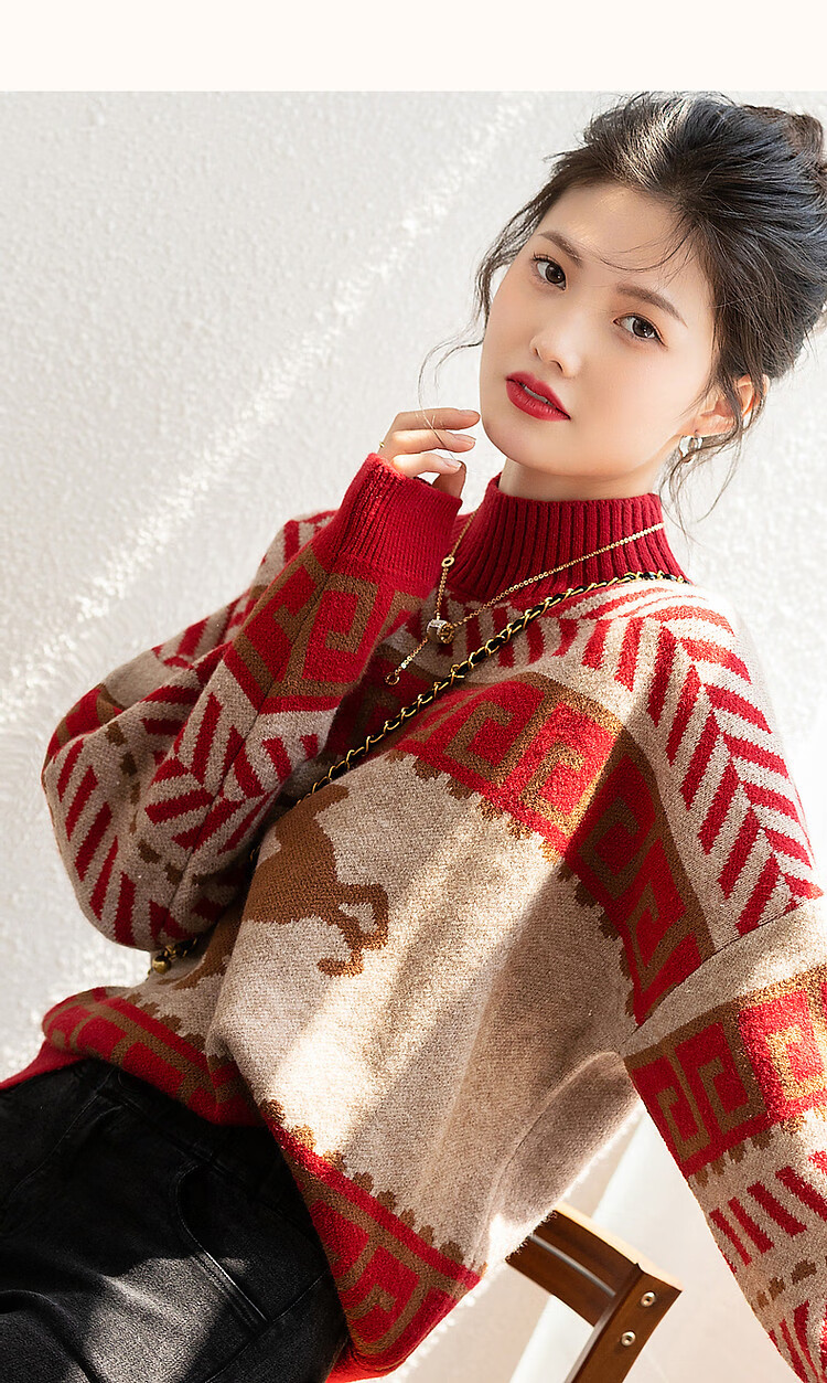 Dme [Vintage Filter] Autumn And Winter Rich Semi-Turtleneck Contrast Color Sweater, Flattering for Petite Women, Versatile Knitted Top 13