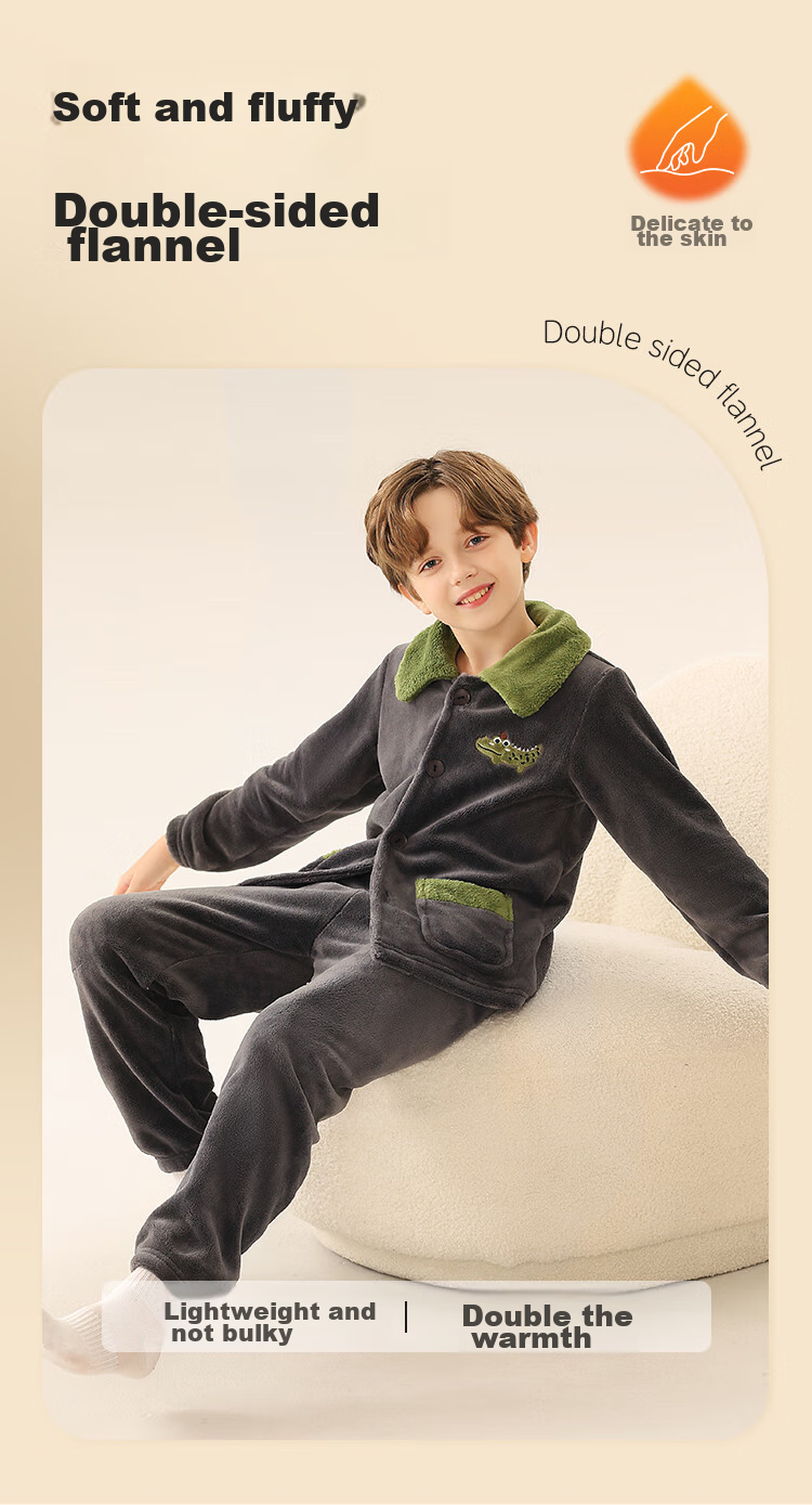 LangSha Children's Pajamas for Boys, Autumn And Winter Thickened Sleepwear for Older Children, Teenagers And Toddlers, Flannel Lapel Home Wear, Warm Set 8