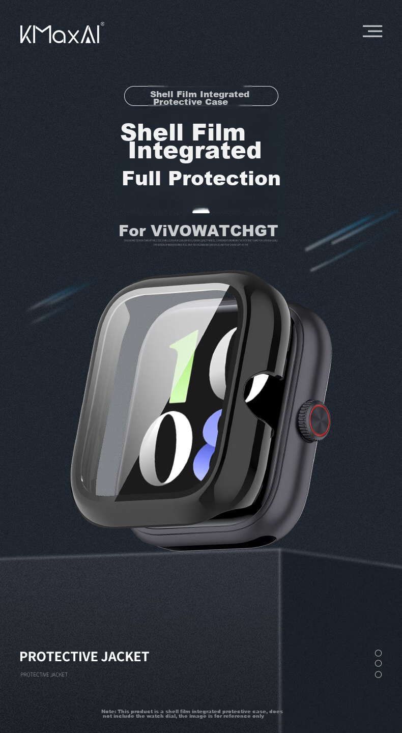 KMaxAI Protective Film And Case for Vivo/iQOO WATCH GT, Integrated Full Coverage, Watch Dial Screen Protector & Protective Cover, Anti-Fingerprint Hard Shell + Tempered Glass Film, Black 1