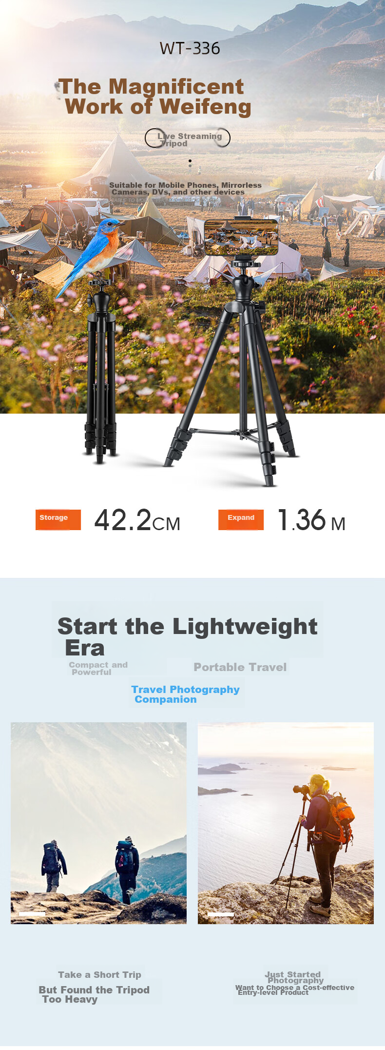 Weifeng WT-336 Spherical Gimbal Phone Live Streaming Stand Tripod, Lightweight Portable Selfie TikTok Short Video Recording Desktop Multifunctional Floor-Standing Outdoor Tripod 1
