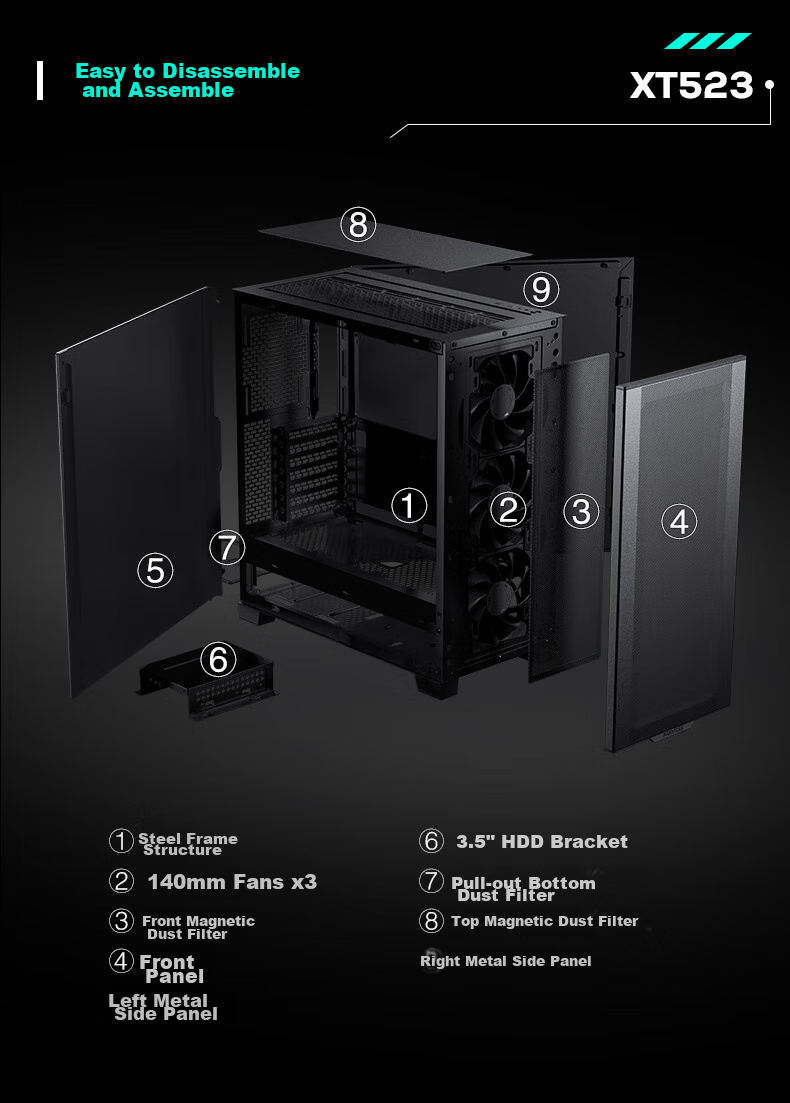 PHANTEKS XT523 Black Mid-Tower Desktop Computer Office ATX Motherboard Case (With 3x 140mm Fans / Mesh Panel / Efficient Cooling / 360mm Water Cooling Support / 5070) 16