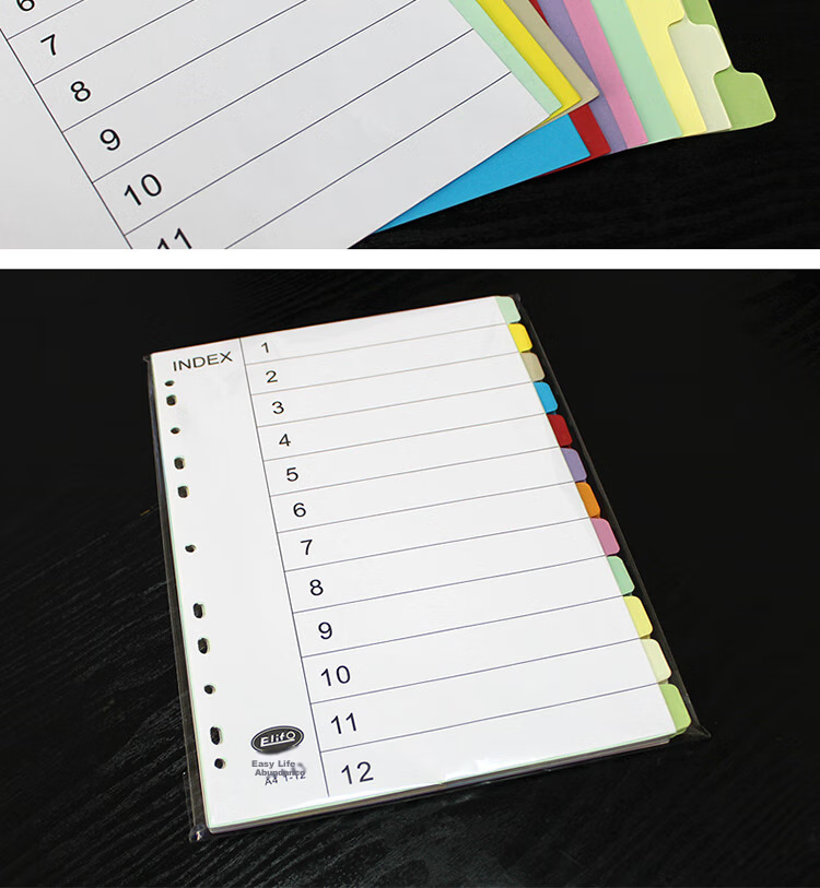 Elifo Page Separators, Index Dividers, Classification Paper, Loose-Leaf Paper for Indexes, Paper Plastic Digital English Three-Hole Binders [With Holes], 10 Colors, 50 Sheets Per Pack 15