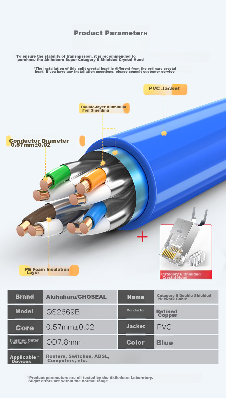 CHOOSEAL (CHOSEAL) Cat6A Double-Shielded Ethernet Cable, 10 Gigabit Anti-Interference Low Attenuation Pure Copper, Engineering And Home Network Broadband Cable, Blue, 50 Meters, QS2669BT50 4