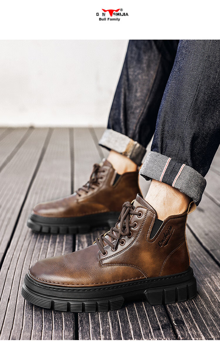 Bull Family Men's Autumn Winter British Style Martin Boots High-top Retro Versatile Work Boots Thick-soled Durable Shoes for Men 13