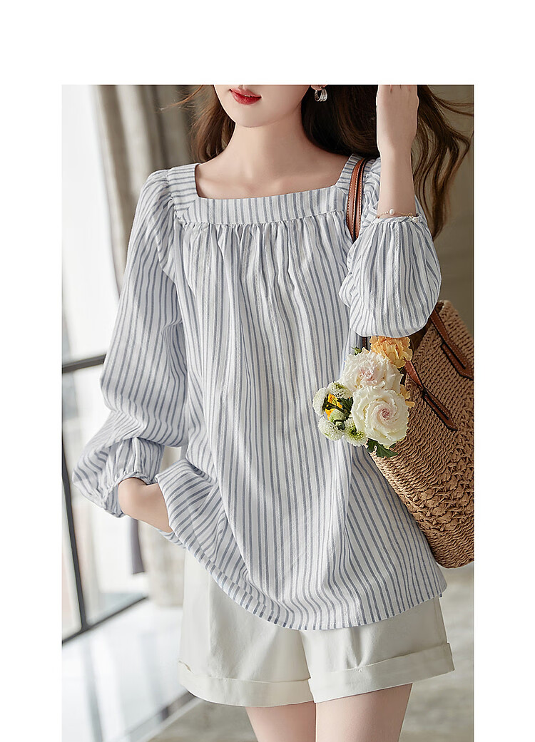 Dme Lantern Sleeve Striped Blouse Women's Top, Navy Blue, S 12