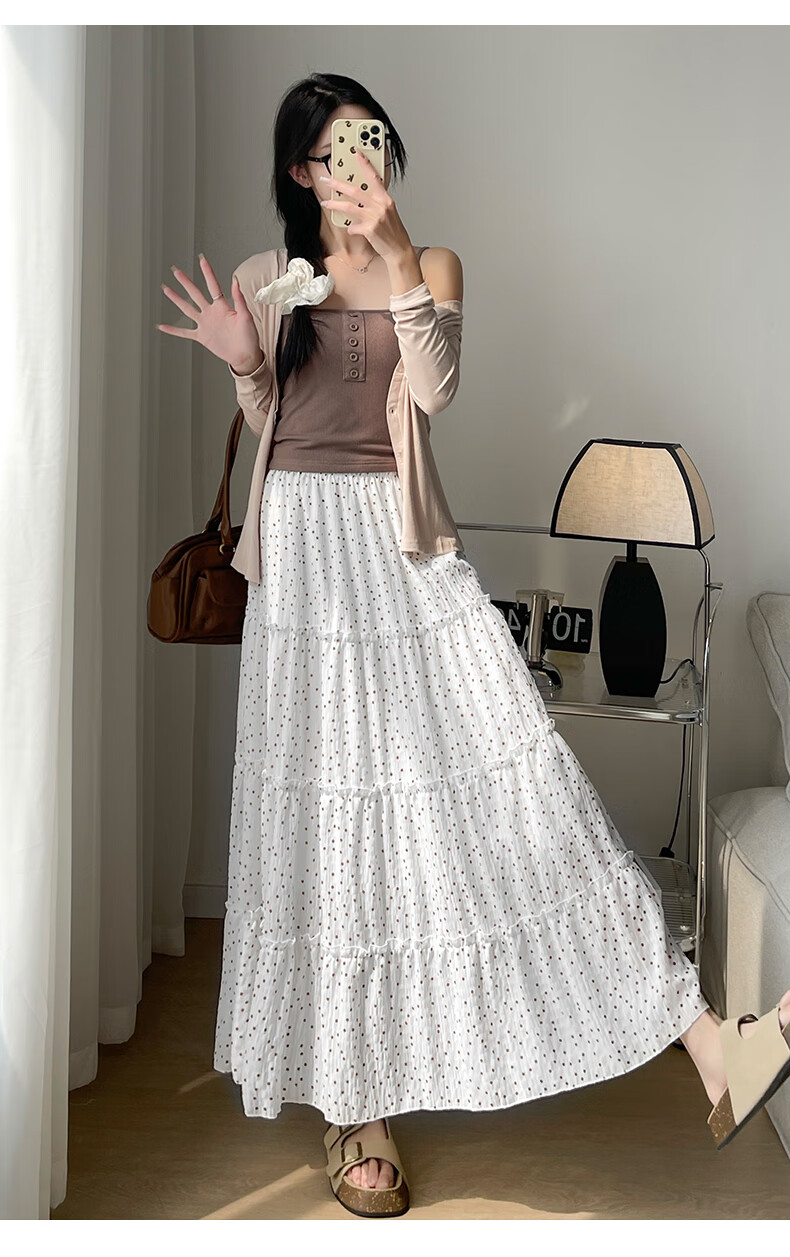 Langsha French Style White High-Waist Elastic Waist A-Line Polka Dot Long Skirt Japanese Style Cake Skirt for Women 2026 Summer 12