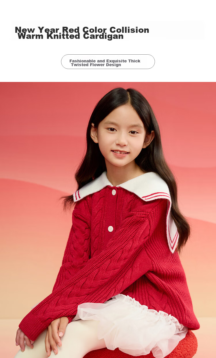 BALABALA Girls' Red Sweater, Children's Knitted Cardigan, Spring And Winter Wear, Contrasting Colors, Warm Open-Front Desig 1