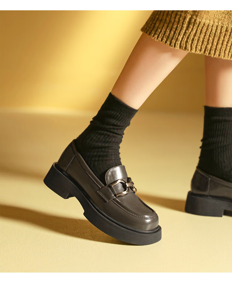 Dusto Round Toe Versatile Leather Shoes for Women, 2026 New Spring Slip-On Women's Shoes, Black Thick-Soled Heightening Loafers 12