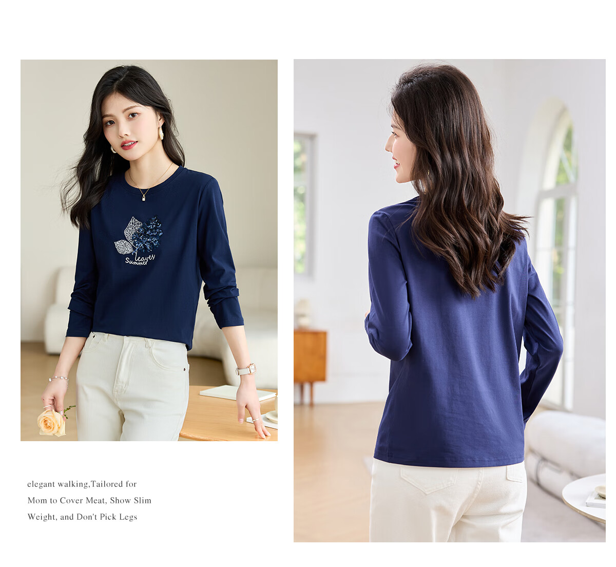 Taxiang Long-Sleeve T-Shirt for Women, Round Neck with Sequin Embroidery, Spring And Autumn Casual Versatile Ladies' Base Shirt T141T2719 12