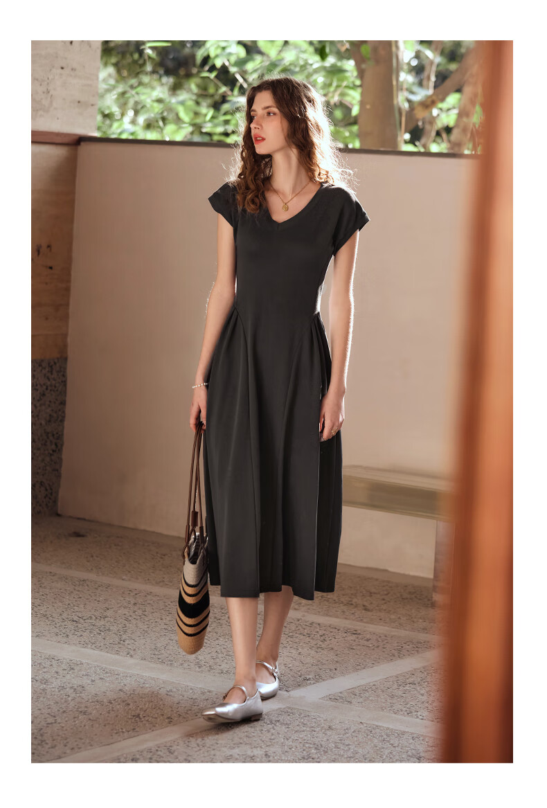 Olrain French-Style Elegant V-Neck Dark Gray Dress for Women, Summer Waist-Cinching A-Line Hem Audrey Hepburn Style, Dark Gray, Size L 21