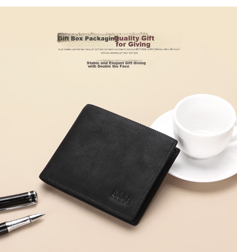 ELLE HOMME Men's Short Wallet, Top-Grain Leather Multifunctional Card Holder Horizontal Style Money Clip 1520, Birthday Gift for Boyfriend 2