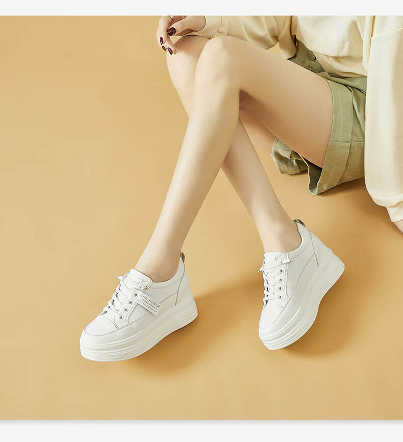 DAPHNE Women's White Leather Versatile Thick-Soled Casual Sneakers with Hidden Heel, Style 4623101013, Black, Size 34 9