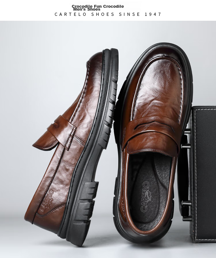 CARTELO Men's Loafers, Leather Shoes, Business Casual Shoes, Breathable Soft Leather Slip-On Shoes, Model 9925, Black, Size 39 14