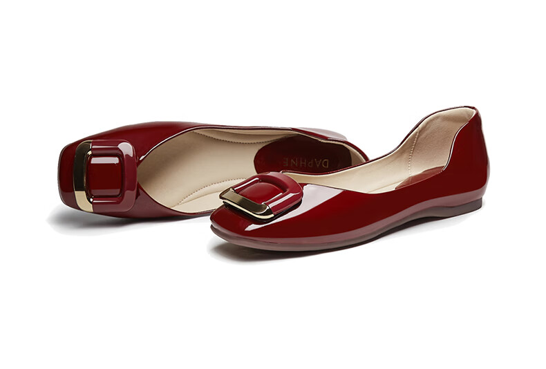 DAPHNE French Shallow Women's Flat Shoes, Red Elegant Loafers with Square Buckle, Style 4623101054, Red, Size 35 26