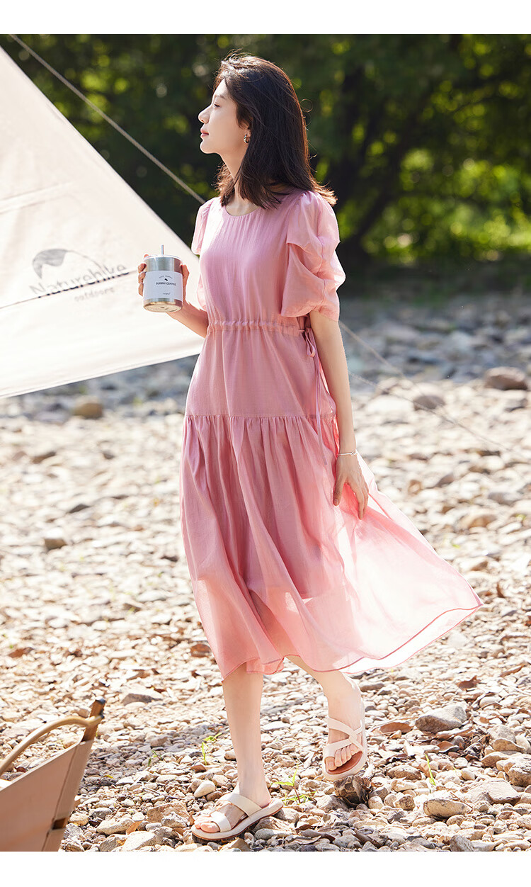 Dme Tencel Doll Dress, French Puff Sleeve, Flowing Tie-Waist Dress for Women, Sheer Pink, L 7