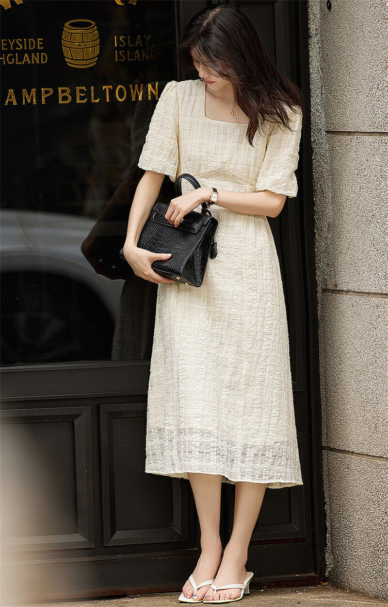Dme [Commuter Cotton Bright Silk Umbrella Skirt], Summer Style Square Neck Waist-Cinching Puff Sleeve Dress, Long Women's Dress 14