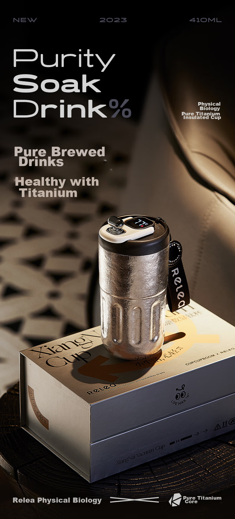 RELEA Pure Titanium Insulated Mug, Titanium Cup for Men And Women, Stylish Large Capacity Smart Coffee Cup Gift Box Water Bottle Birthday Present 1