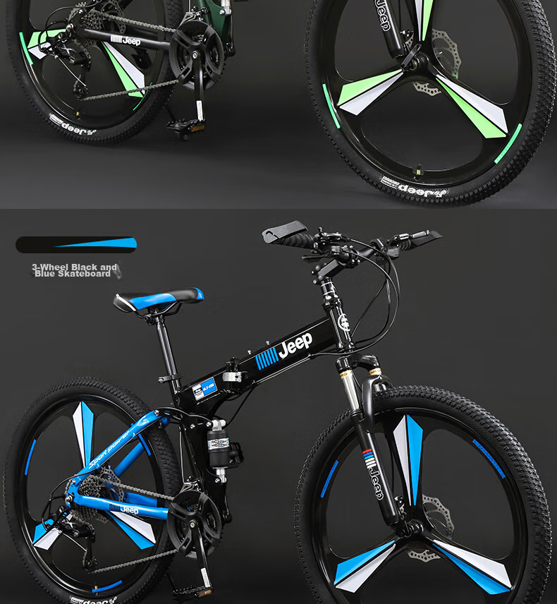 Jeep Folding Mountain Bike, 27-Speed, Dual Shock Absorption, Disc Brakes, Off-Road Gears, Single-Speed Bicycle, Zhanshen Black And Red, Three-Gear Ratio 16