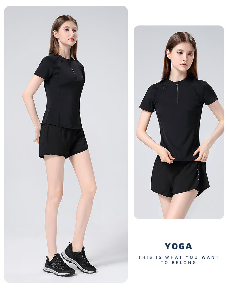 CAMEL Women's Sports Set, Summer New Style Running Yoga Fitness Short-Sleeve Shorts with Lining, Casual Elastic Sportswear 23