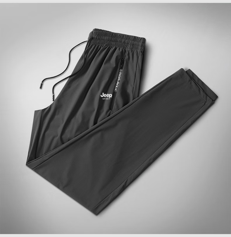 JEEP SPIRIT Casual Pants, Summer Ice Silk Quick-Dry Breathable Lightweight Outdoor Sports Trousers, Black Straight-Leg XL 9