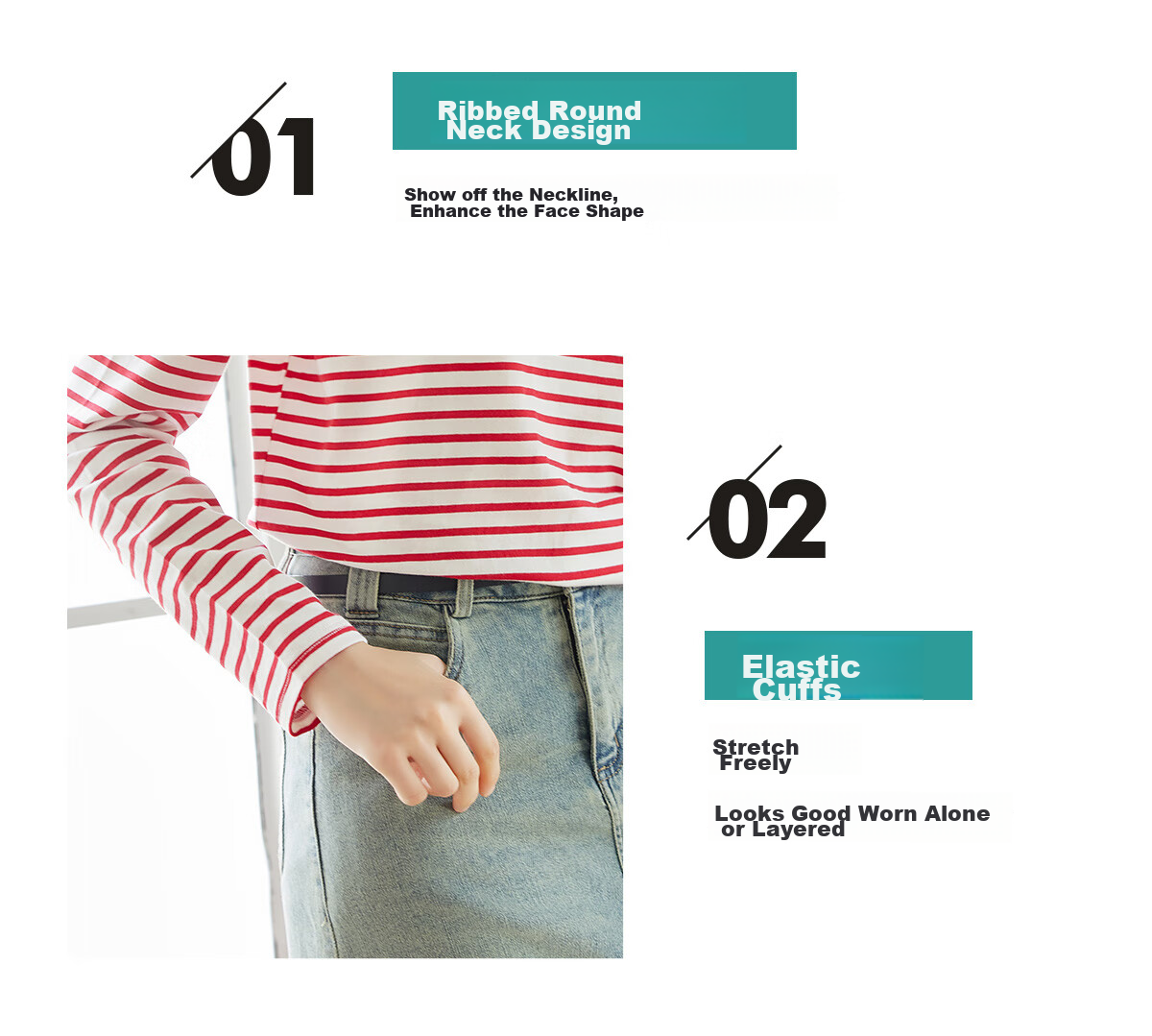 Halo Queen Long-Sleeve T-Shirt for Women, Spring And Autumn Round Neck, Heart Embroidery Striped Base Shirt, Casual Fashion Top, New Product H143T2005 17