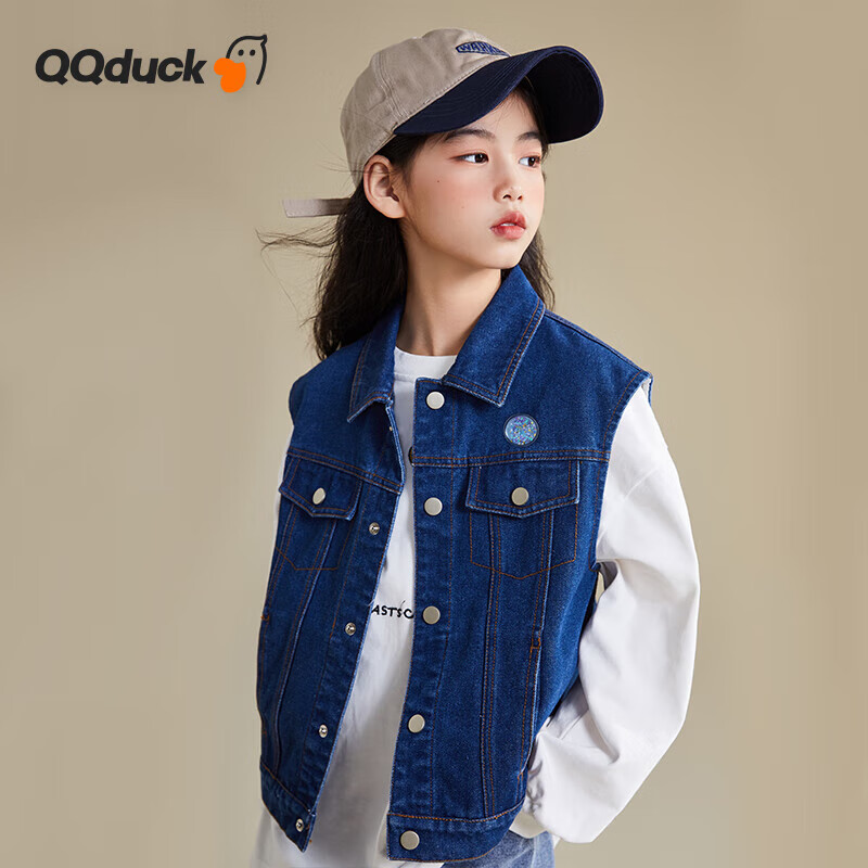 QQ DUCK Children's Denim Vest Girls' Sleeveless Jacket Youth Clothing Classic Vest Navy Blue; 165