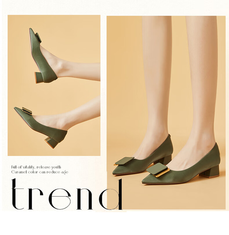 DAPHNE Women's Single Shoes, Comfortable Versatile Pointed Toe Chunky Heel Work Professional Commuter Shoes 4622101131 Green 38 8