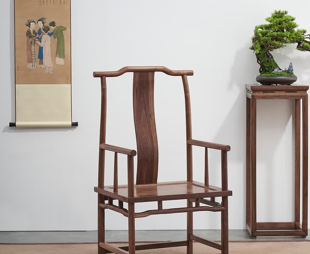 官帽椅主人椅新中式茶椅茶凳实木太师椅北美黑胡桃木榆木白蜡木 禅意