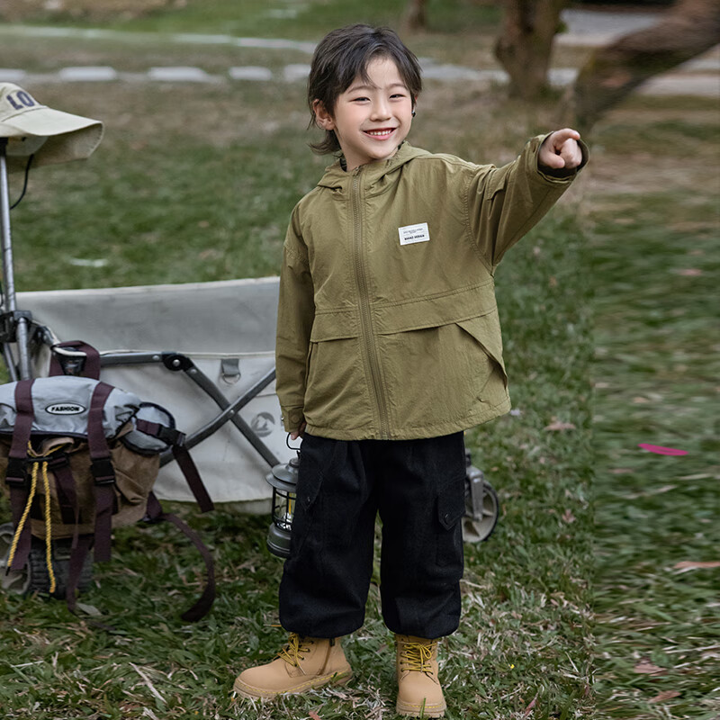 LUSON Chen Da Zhu Boys' Outdoor Hooded Workwear Jacket, 2025 Spring And Autumn New Style, Children's Water-Repellent Hiking Coat, Outerwear