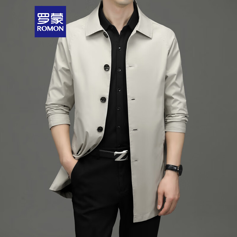 ROMON Men's Spring Autumn Business Casual Mid-Length Trench Coat Jacket D-2021 Off-White M