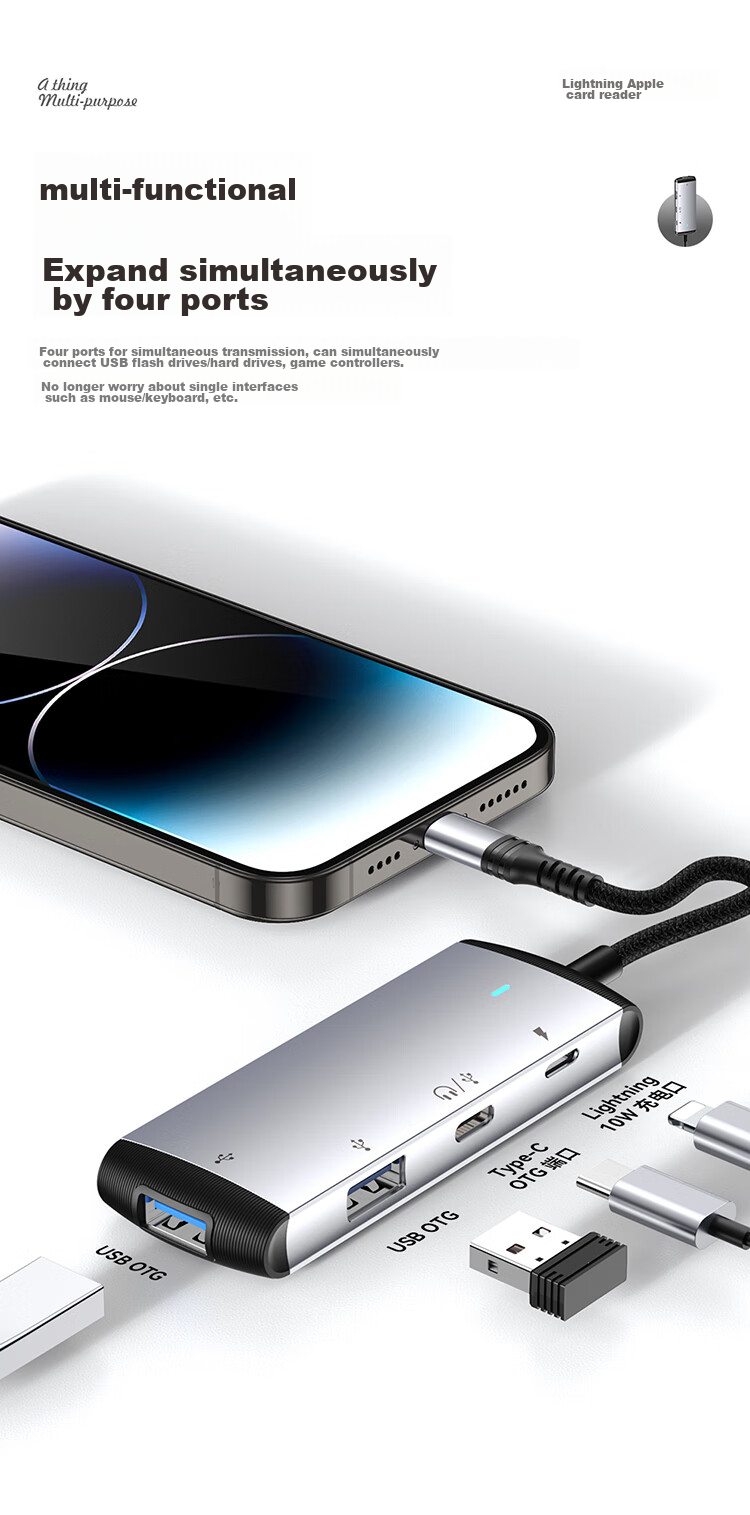 DOOSEYUON Apple Phone Adapter, Type-C Four-In Card Reader, OTG TF Card, High-Speed Transfer, Compatible with Apple Devices, IPad Mini, Handheld Game Fast Charging 4