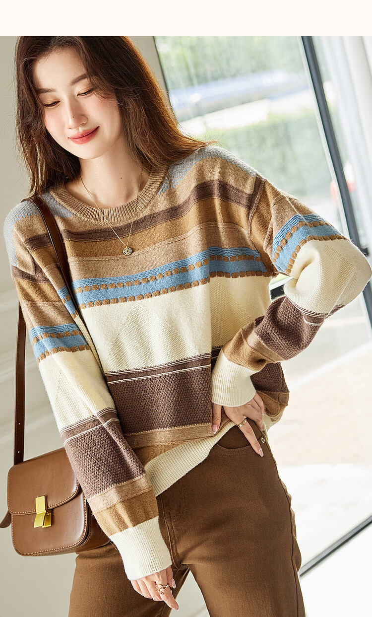 Dme [Light Mature Commuter] Autumn And Winter Round Neck Fleece Striped Contrasting Color Sweater, Long-Sleeve Knit Top for Wome 11