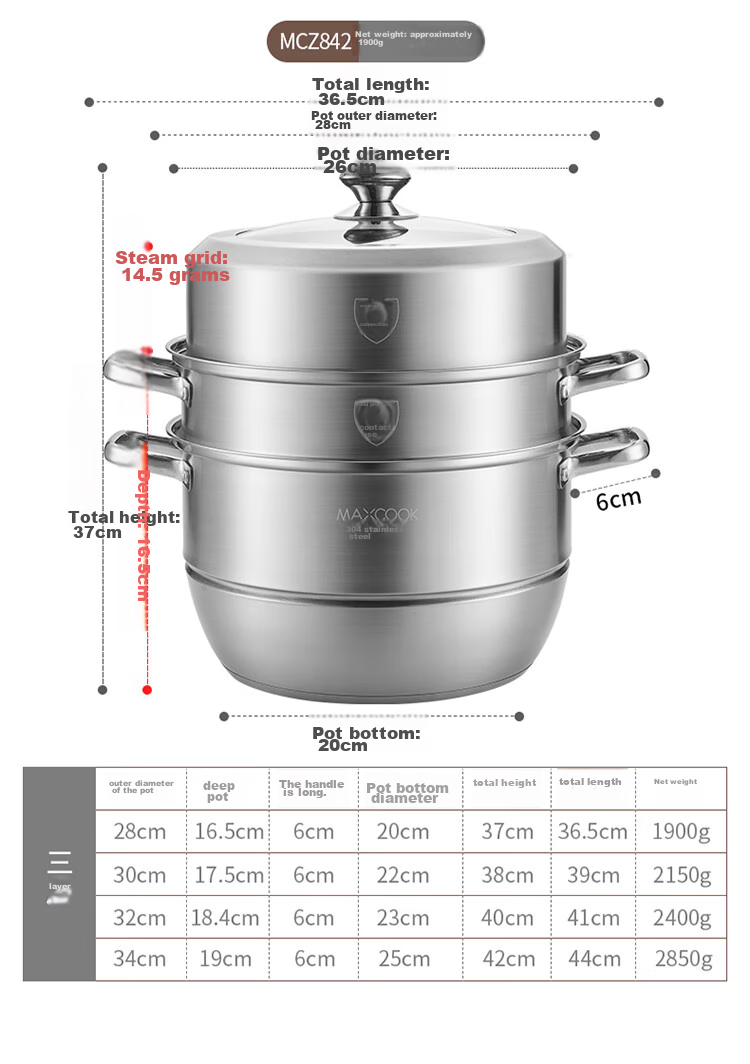 MAXCOOK Steamer Pot, 304 Stainless Steel 28cm Three-Layer Steamer, Thickened Base Soup Pot, Compatible with Gas And Induction Cooktops MCZ835 10