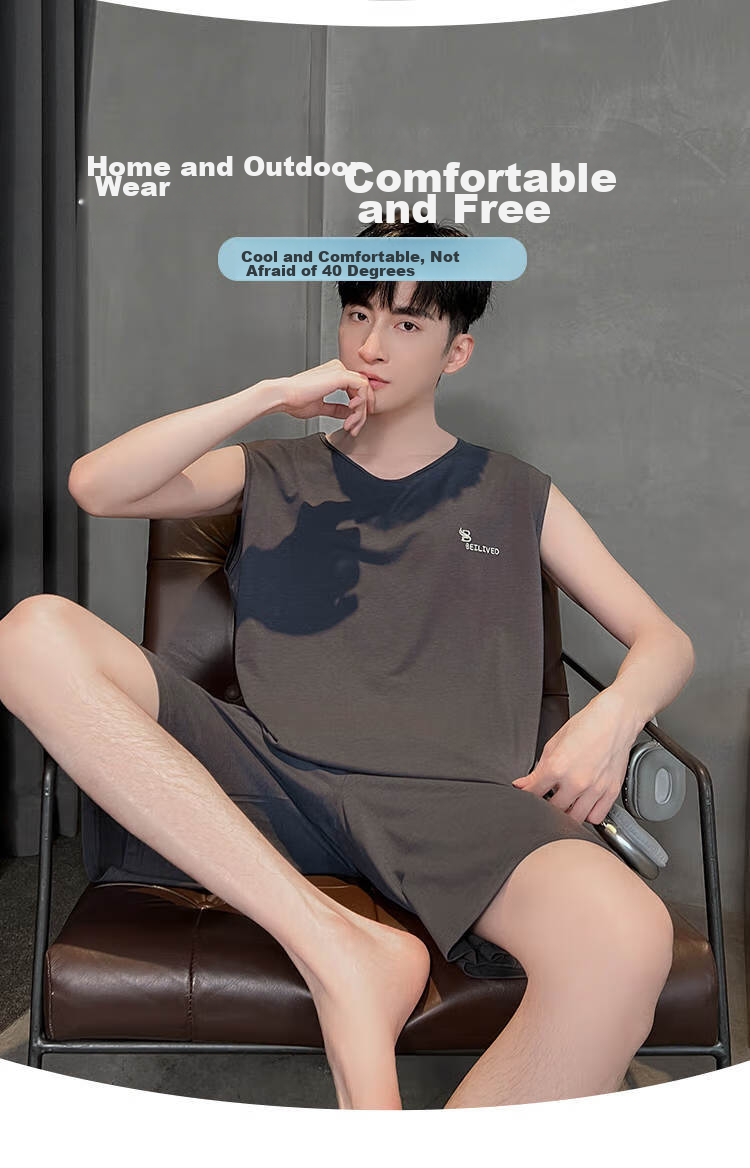 LangSha Men's Pajama Set, Summer Thin Style, Sleeveless Vest, Silk-Like Short Pants, Casual Men's Wearable Loungewear 9