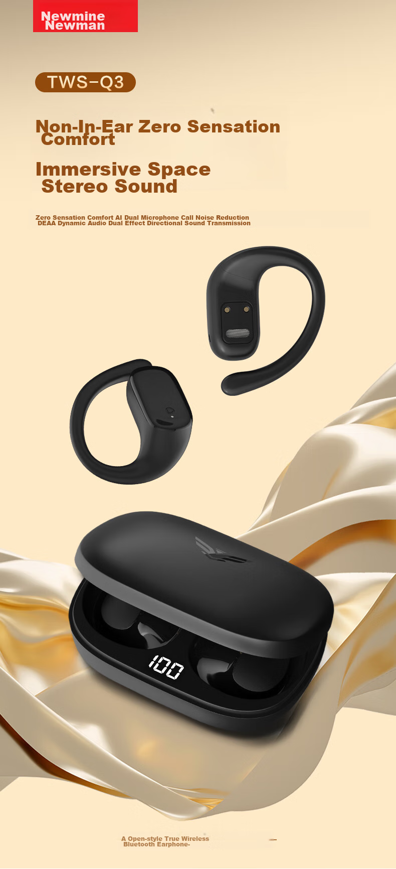 Newmine Q3 Open-Ear Bluetooth Headphones, Bone Conduction Concept, True Wireless, Ear-Hook Style, Not In-Ear, Sports Running, Long Battery Life, Noise Reduction, Clip-On Earphones, Compatible with Xiaomi, Apple, Huawei 2