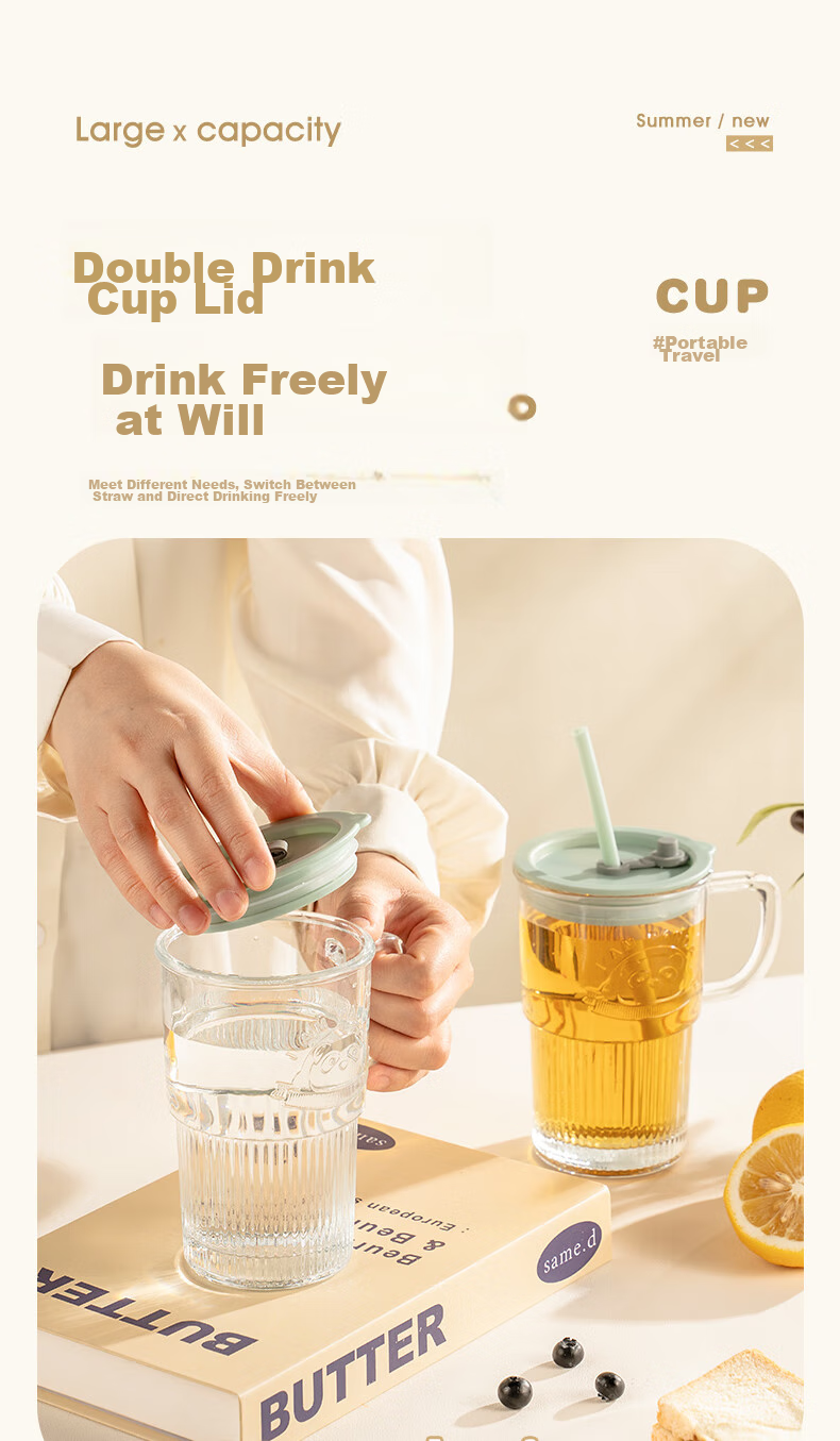 CAIZHI Glass Cup with Lid And Handle, Office Water Bottle with Straw, Large Capacity Cup, Transparent Mint Green CZ6940 5