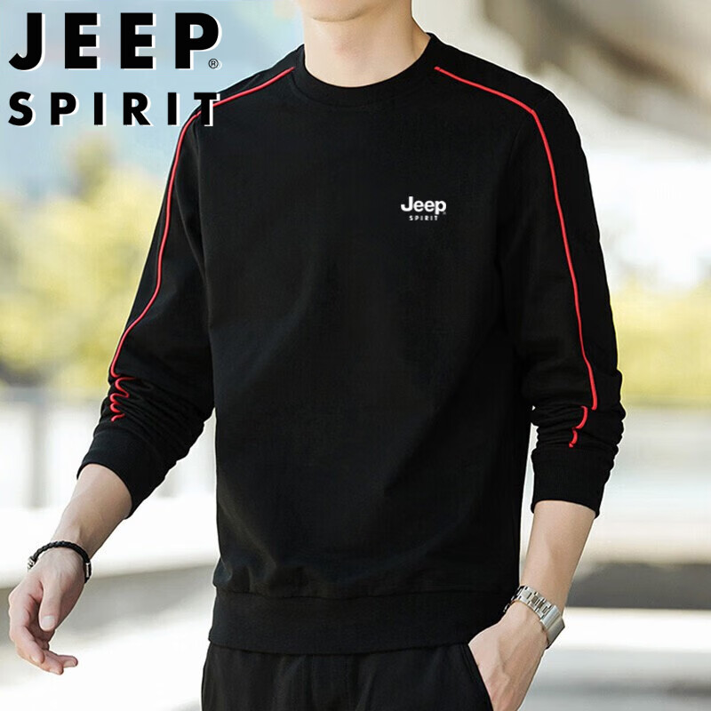 JEEP SPIRIT Men's Sweatshirt, Spring And Autumn Long-Sleeve T-Shirt, Outdoor Casual Versatile Round Neck for Young And Middle-Aged, Black, XL