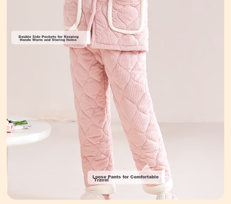 MiiOW Coral Fleece Three-Layer Padded Women's Pajamas, Ultra-Thick Fleece-Lined Warm Loungewear, Suitable for Outdoor Wear, Cherry Blossom Pink 10