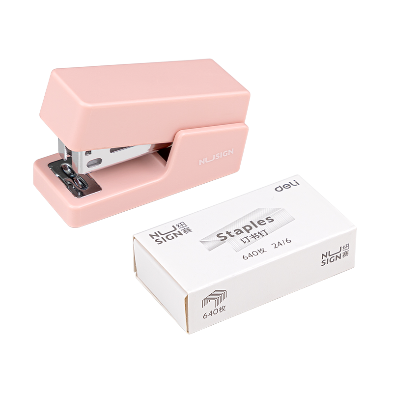 Deli Mini Stapler for Students, Compact Office Stapler, Portable Handheld Low-Effort Stapling Machine, Includes 830 Staples, Office Supplies, Pink NS083