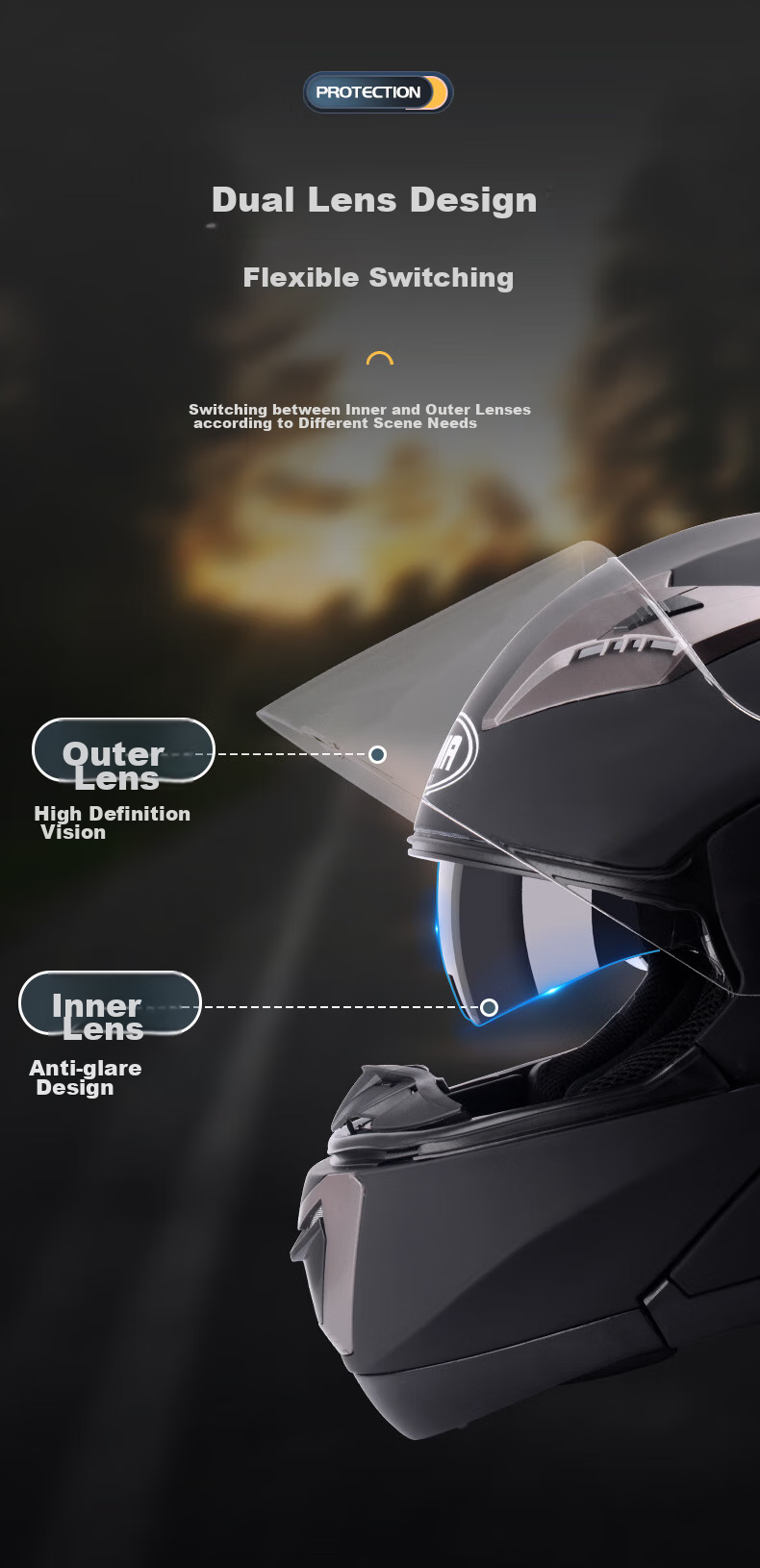 YEMA Motorcycle Helmet for Men, 3C Certified Flip-Up Helmet, Winter Dual-Lens Full-Face Motorcycle Helmet, All-Season Universal Fit, XL Size, Matte Black 7