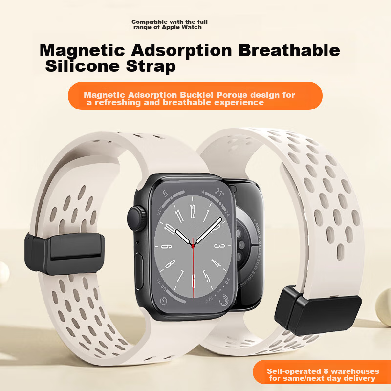 Mashi Compatible Apple Watch Band, Silicone Perforated Hollow Design for Ultra 4/3/iWatch/S12/11/10/9/8/7/6/SE, Breathable Magnetic Strap for Autum