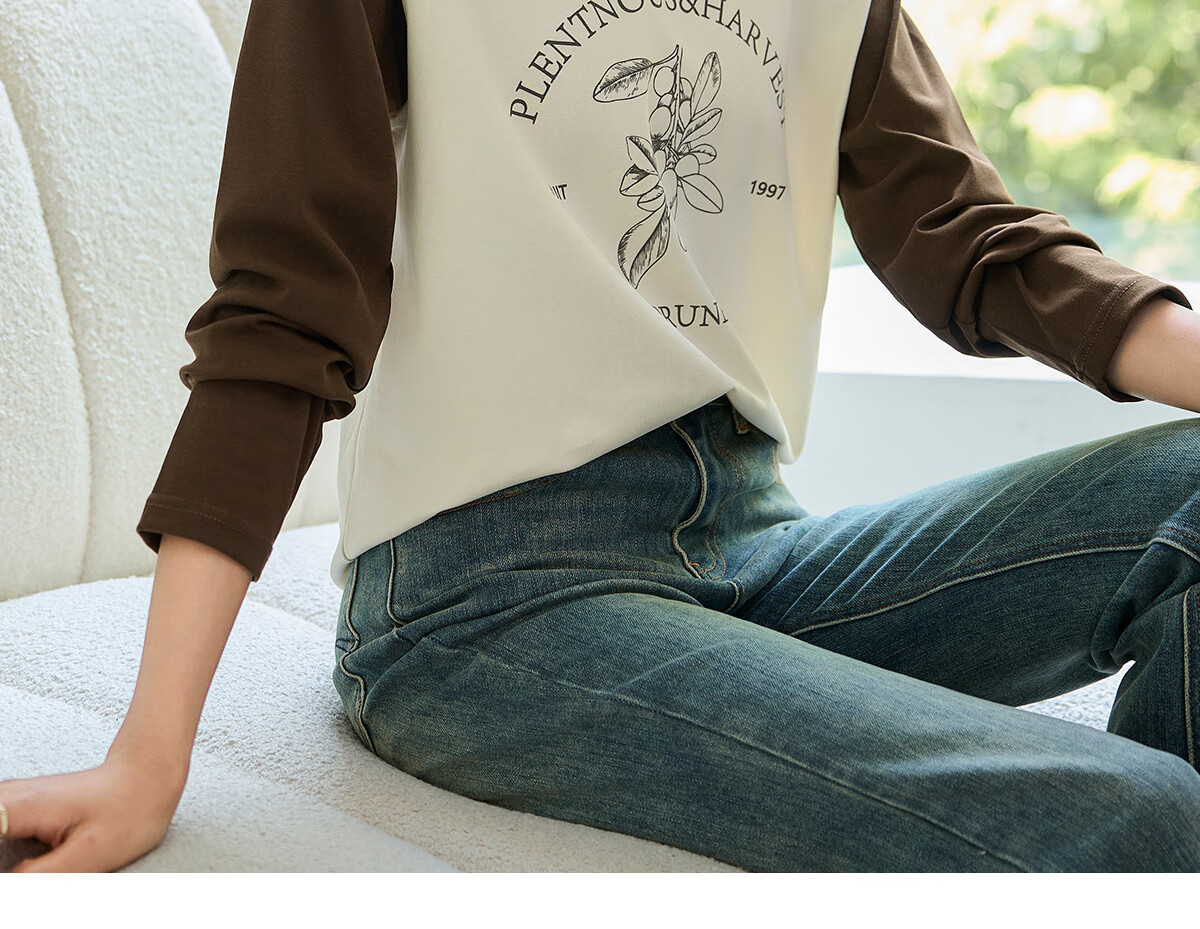 Chushen Spring And Autumn Long-Sleeve T-Shirt for Women, Wilderness Maillard Round Neck Contrasting Color Splicing Simple Loose Base Shirt S143T2022 11